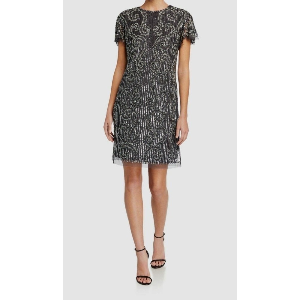 Aidan Mattox Gunmetal Beaded Sequin Short Sleeve Cocktail Formal Dress Sz 0 NWT